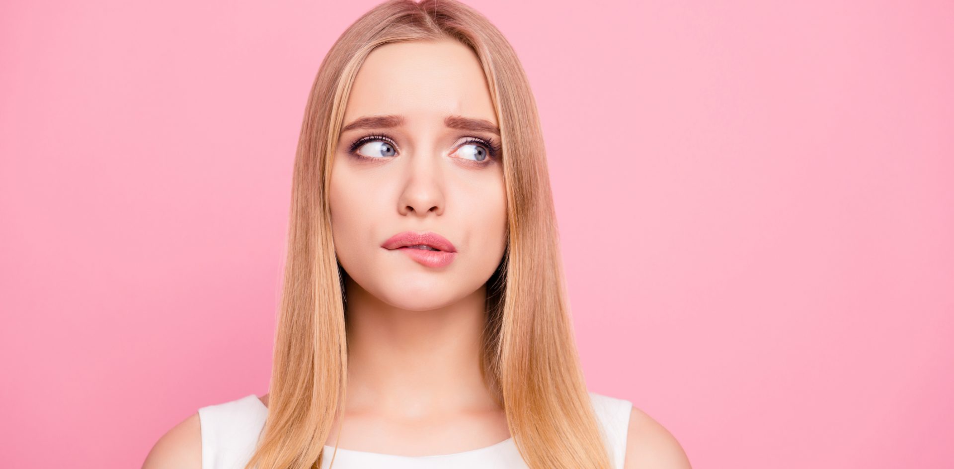 Problem trouble negative nervous sad unhappy upset people concept. Close up portrait of sweet charming tender gentle nervous beautiful attractive elegant stunning girl looking side isolated background